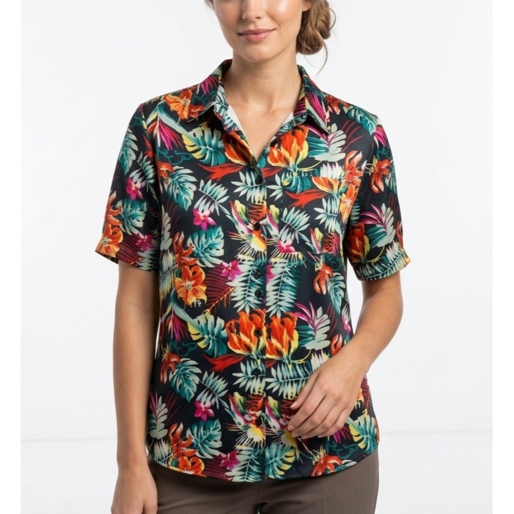 Anna and Frank Shirt Women's L 100%‎ Silk Floral Button-Up Hawaiian